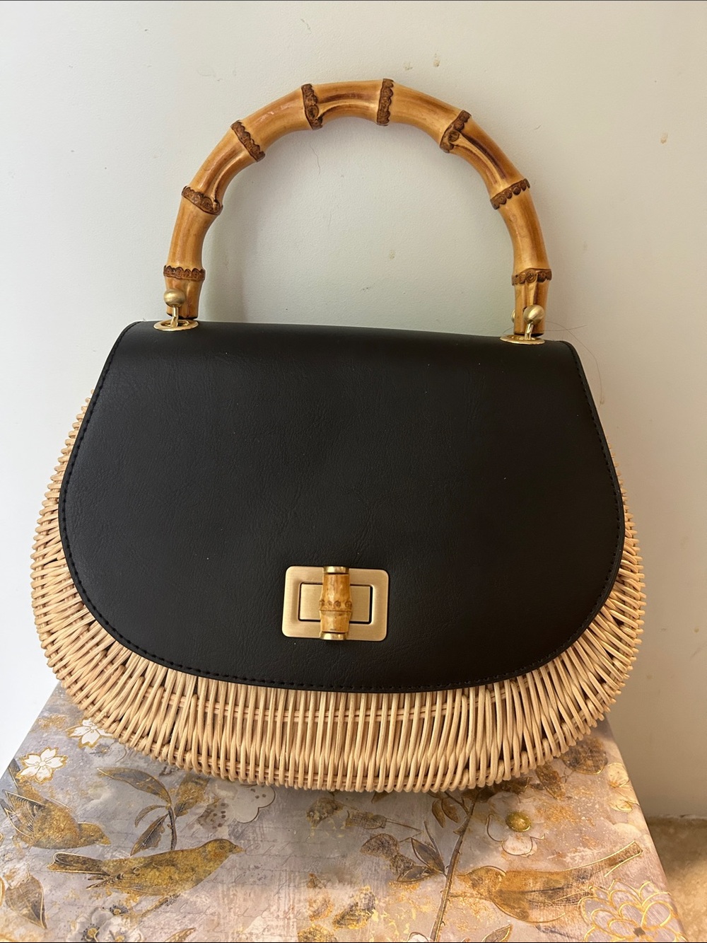 Talbots Wicker & Leather Bag with Bamboo Handle